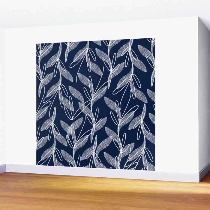 Etched Leaves Botanical Pattern in White and Nautical Navy Blue Wall Mural Gallery Image 2