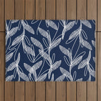 Etched Leaves Botanical Pattern in White and Nautical Navy Blue Outdoor Rug Gallery Image 1