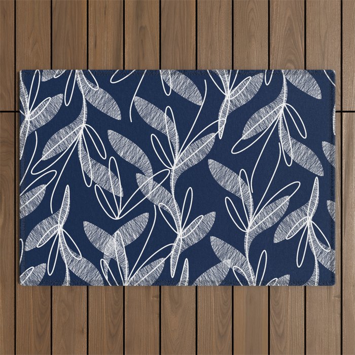 Etched Leaves Botanical Pattern in White and Nautical Navy Blue Outdoor Rug Gallery Image 1