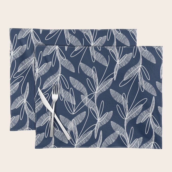Etched Leaves Botanical Pattern in White and Nautical Navy Blue Placemat Gallery Image 1