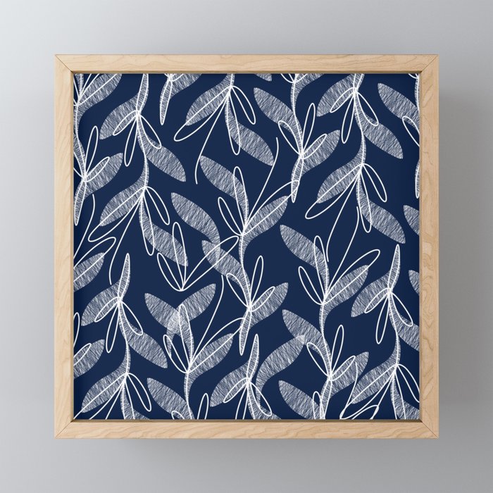 Etched Leaves Botanical Pattern in White and Nautical Navy Blue Mini Art Print Gallery Image 1