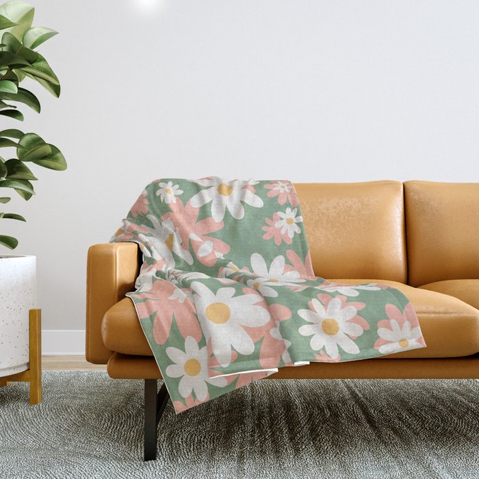 Flower Market London, Pastel Daisies Retro Print Throw Blanket Gallery Image 1