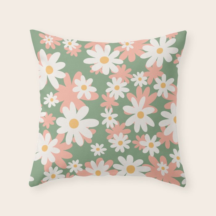 Flower Market London, Pastel Daisies Retro Print Throw Pillow Gallery Image 1