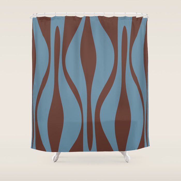 Midcentury Modern Retro Lounge Striped Ogee Pattern Brown and Blue Shower Curtain Gallery Image 1