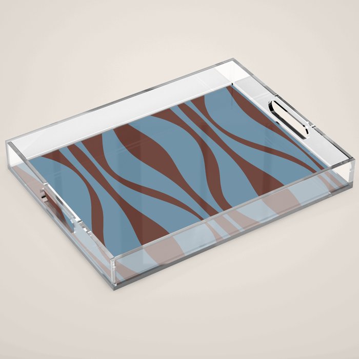 Midcentury Modern Retro Lounge Striped Ogee Pattern Brown and Blue Acrylic Tray Gallery Image 1