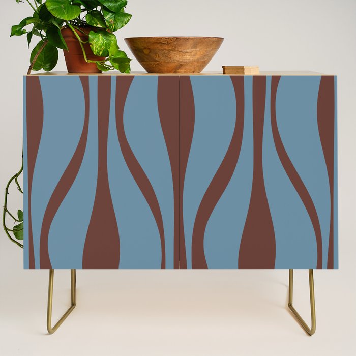 Midcentury Modern Retro Lounge Striped Ogee Pattern Brown and Blue Credenza Gallery Image 1