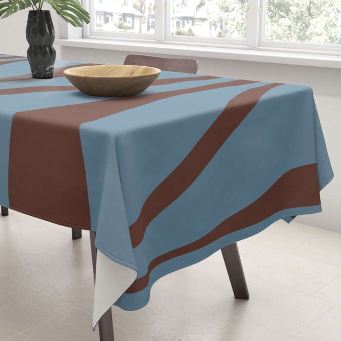 Midcentury Modern Retro Lounge Striped Ogee Pattern Brown and Blue Tablecloth Gallery Image 3