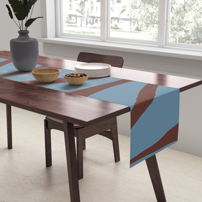 Midcentury Modern Retro Lounge Striped Ogee Pattern Brown and Blue Table Runner Gallery Image 2