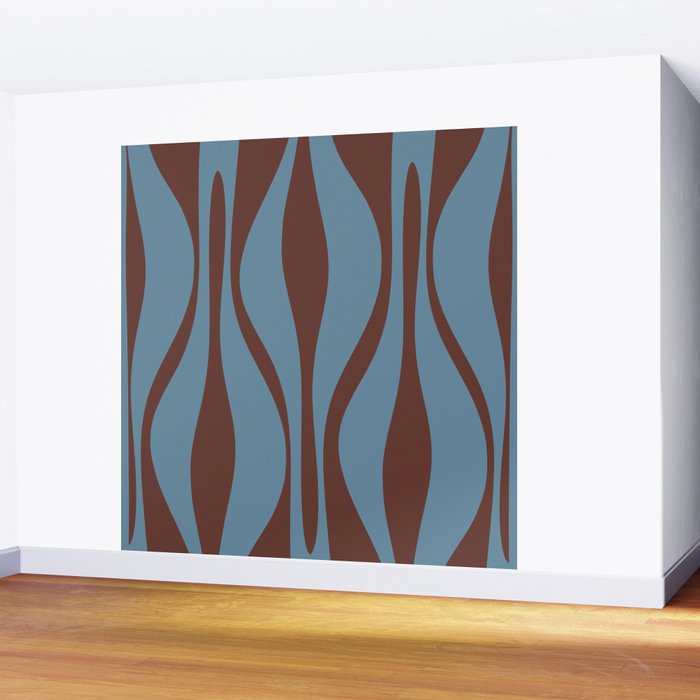 Midcentury Modern Retro Lounge Striped Ogee Pattern Brown and Blue Wall Mural Gallery Image 2