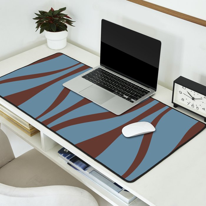 Midcentury Modern Retro Lounge Striped Ogee Pattern Brown and Blue Desk Mat Gallery Image 2