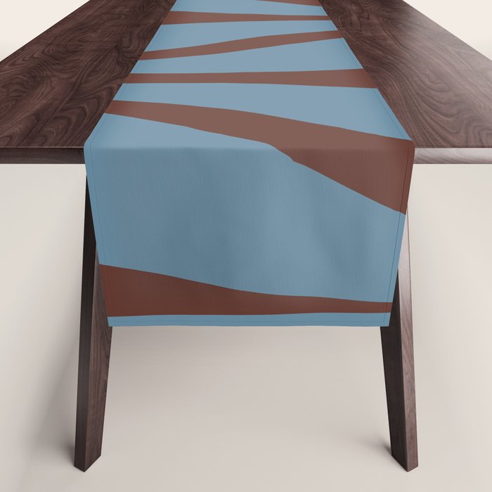 Midcentury Modern Retro Lounge Striped Ogee Pattern Brown and Blue Table Runner Gallery Image 1