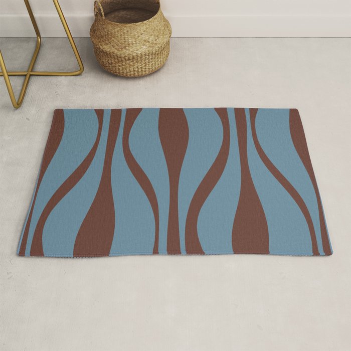 Midcentury Modern Retro Lounge Striped Ogee Pattern Brown and Blue Rug Gallery Image 1