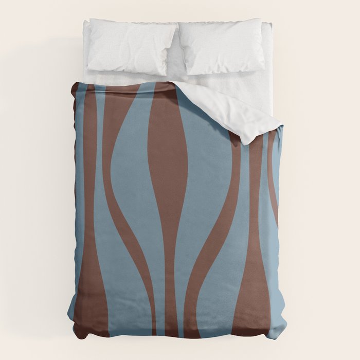 Midcentury Modern Retro Lounge Striped Ogee Pattern Brown and Blue Duvet Cover Gallery Image 1