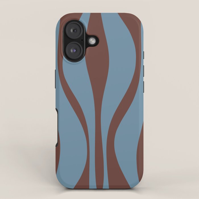 Midcentury Modern Retro Lounge Striped Ogee Pattern Brown and Blue iPhone Case Gallery Image 1