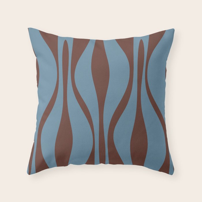 Midcentury Modern Retro Lounge Striped Ogee Pattern Brown and Blue Throw Pillow Gallery Image 1