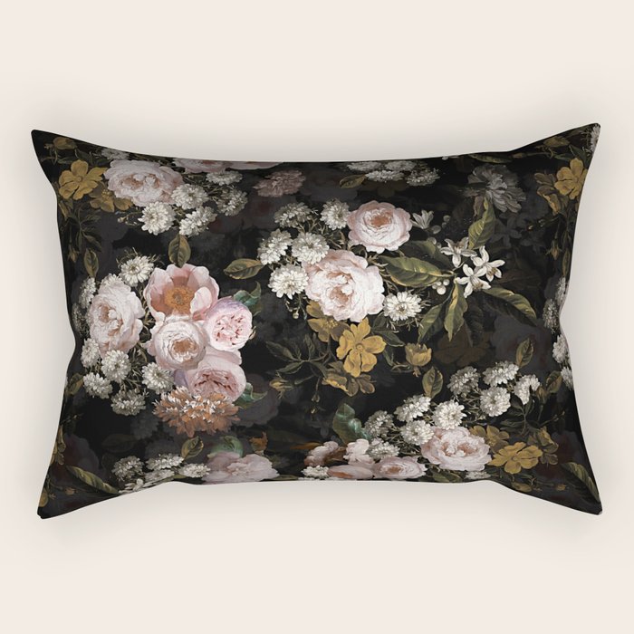 Antique Botanical Roses And  Chamomile Midnight Garden Rectangular Pillow Gallery Image 1