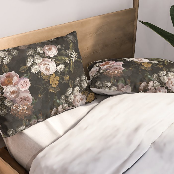 Antique Botanical Roses And  Chamomile Midnight Garden Pillow Sham Gallery Image 2
