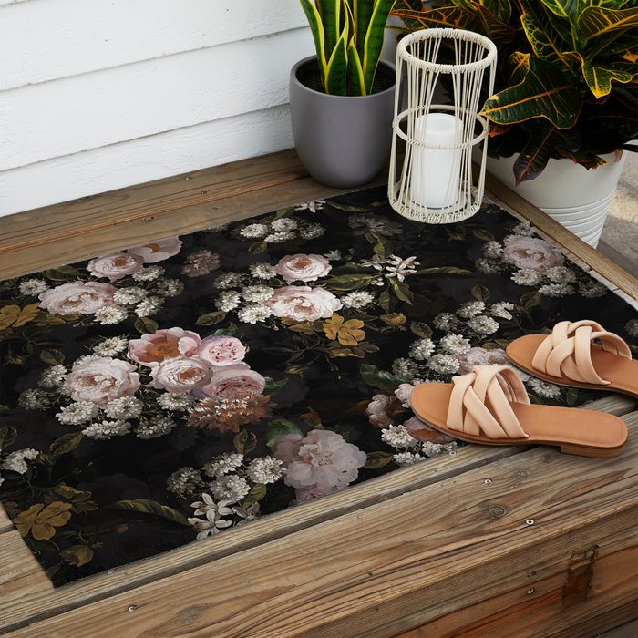 Antique Botanical Roses And  Chamomile Midnight Garden Outdoor Rug Gallery Image 2