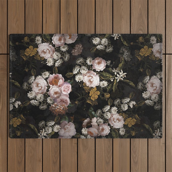 Antique Botanical Roses And  Chamomile Midnight Garden Outdoor Rug Gallery Image 1