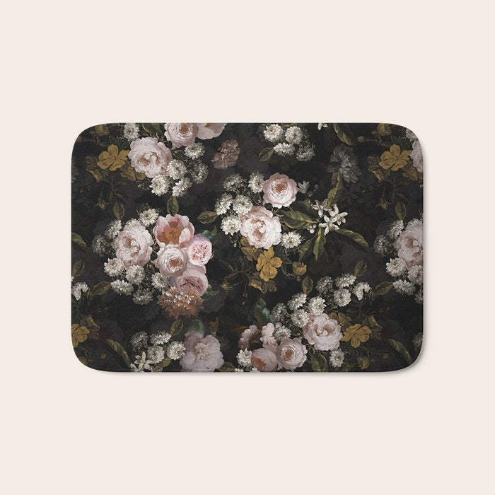 Antique Botanical Roses And  Chamomile Midnight Garden Bath Mat Gallery Image 1
