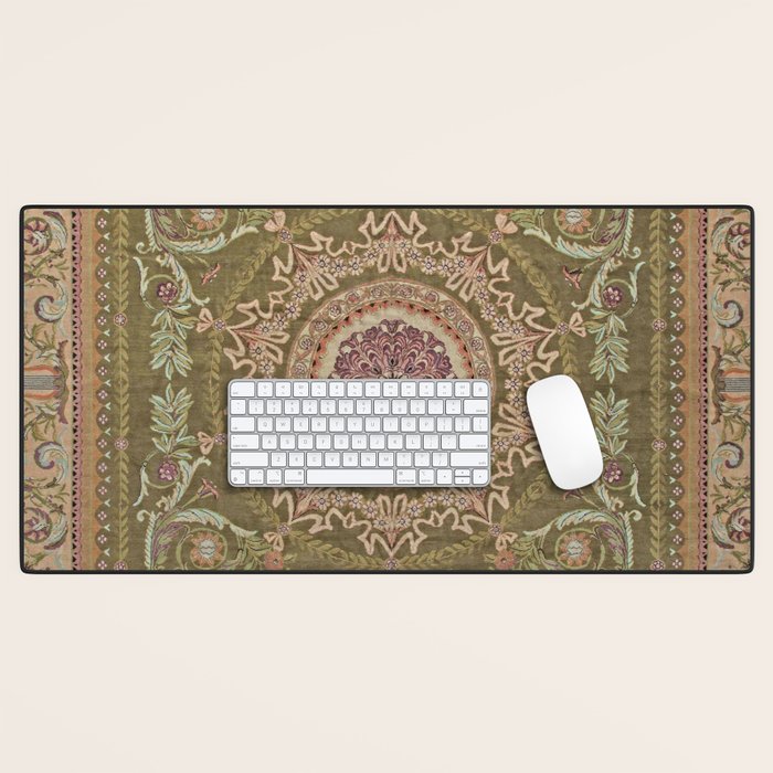 Antique French Art Nouveau Savonnerie Sage Green Blush Carpet Desk Mat Gallery Image 1