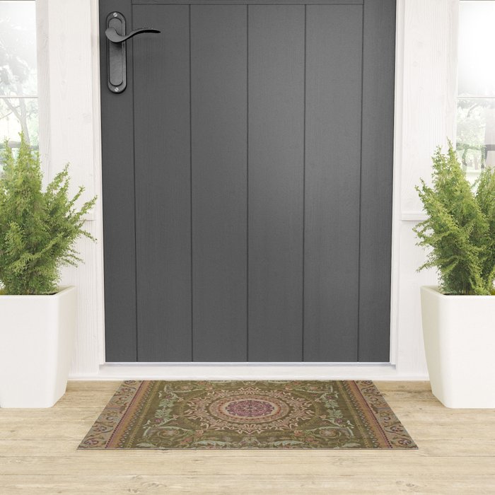Antique French Art Nouveau Savonnerie Sage Green Blush Carpet Welcome Mat Gallery Image 3