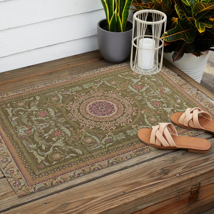 Antique French Art Nouveau Savonnerie Sage Green Blush Carpet Outdoor Rug Gallery Image 2