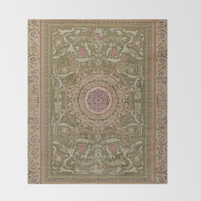 Antique French Art Nouveau Savonnerie Sage Green Blush Carpet Throw Blanket Gallery Image 2