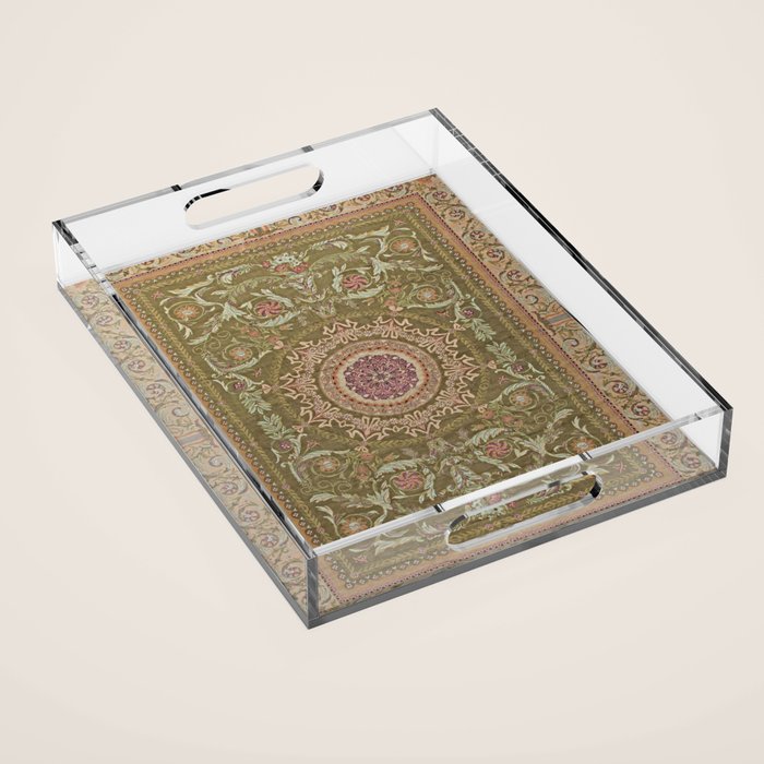 Antique French Art Nouveau Savonnerie Sage Green Blush Carpet Acrylic Tray Gallery Image 1