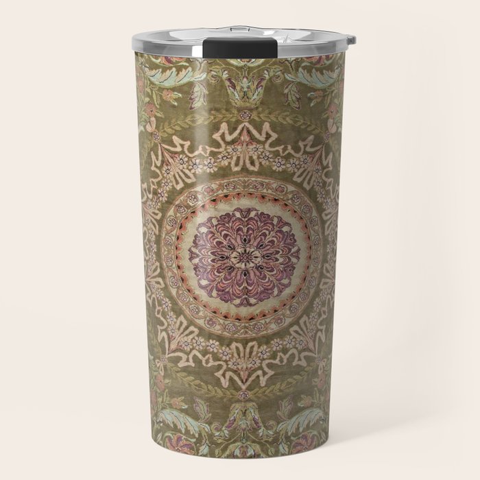 Antique French Art Nouveau Savonnerie Sage Green Blush Carpet Travel Mug Gallery Image 1