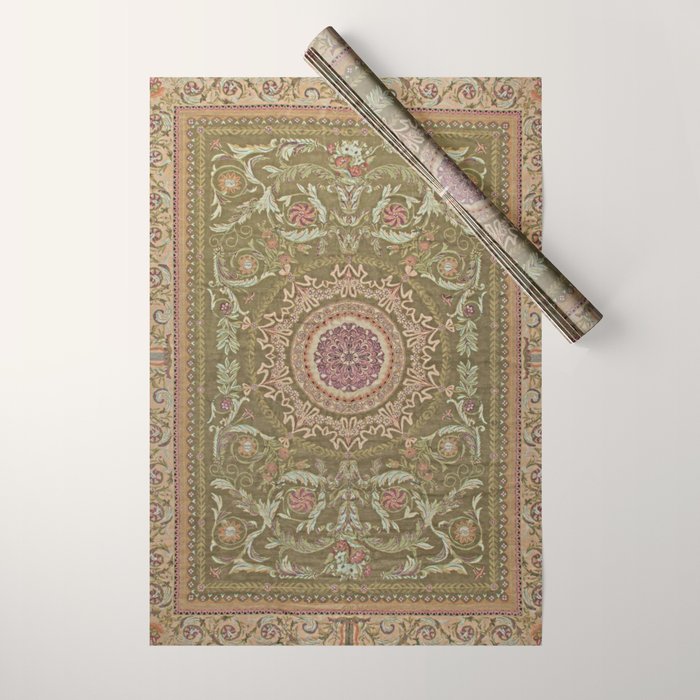 Antique French Art Nouveau Savonnerie Sage Green Blush Carpet Wrapping Paper Gallery Image 1