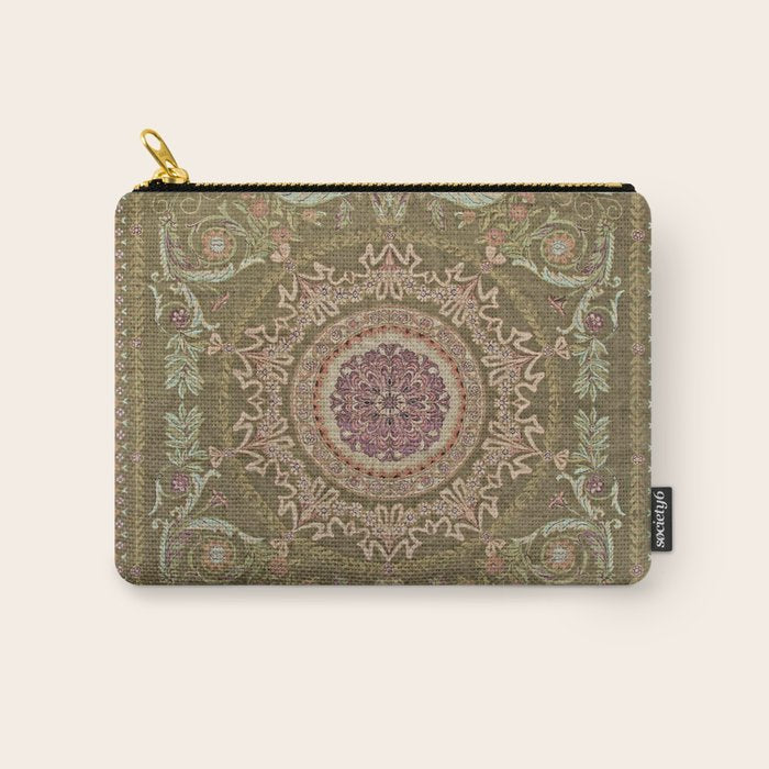 Antique French Art Nouveau Savonnerie Sage Green Blush Carpet Carry All Pouch Gallery Image 1