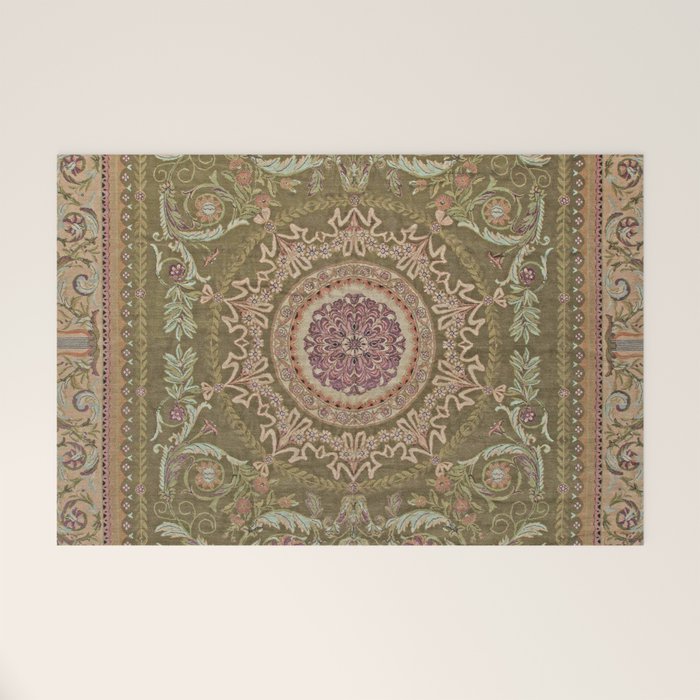 Antique French Art Nouveau Savonnerie Sage Green Blush Carpet Welcome Mat Gallery Image 1