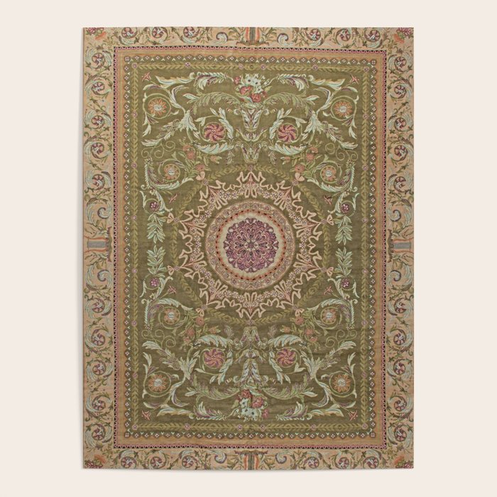 Antique French Art Nouveau Savonnerie Sage Green Blush Carpet Poster Gallery Image 1
