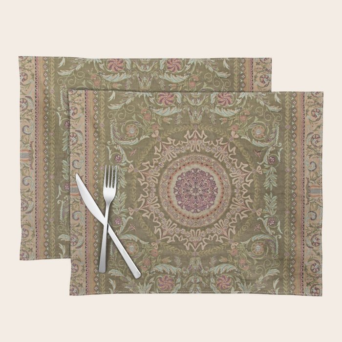 Antique French Art Nouveau Savonnerie Sage Green Blush Carpet Placemat Gallery Image 1