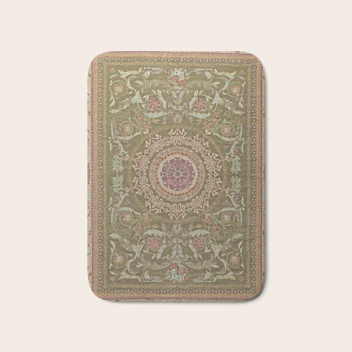 Antique French Art Nouveau Savonnerie Sage Green Blush Carpet Bath Mat Gallery Image 1