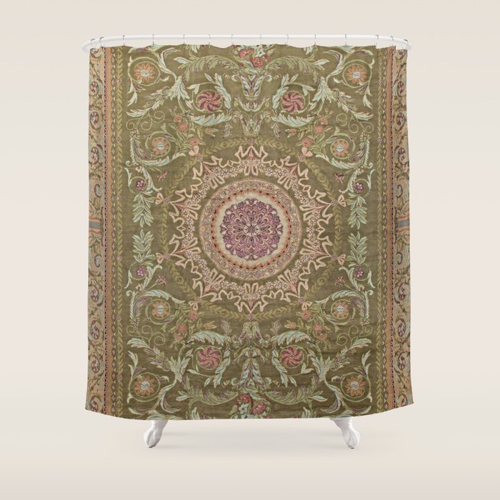 Antique French Art Nouveau Savonnerie Sage Green Blush Carpet Shower Curtain Gallery Image 1