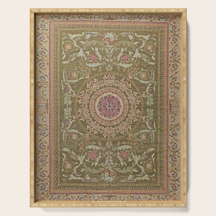 Antique French Art Nouveau Savonnerie Sage Green Blush Carpet Serving Tray Gallery Image 1