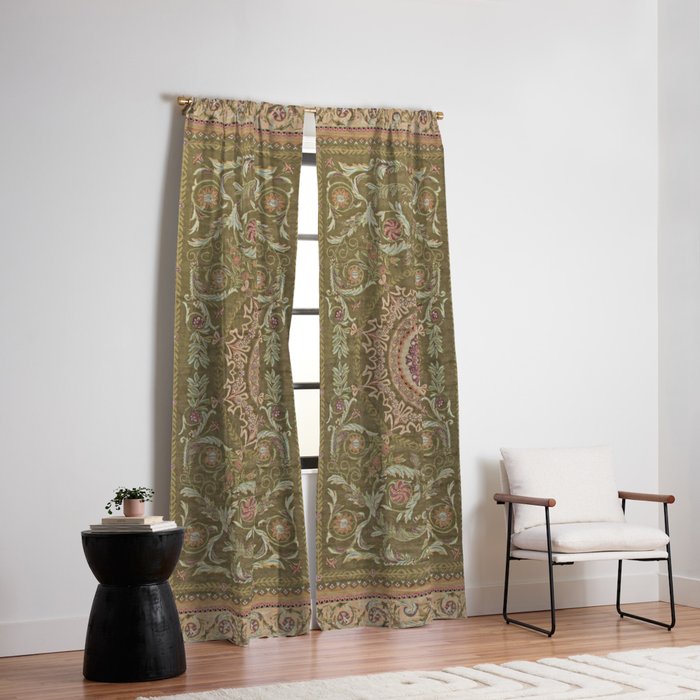 Antique French Art Nouveau Savonnerie Sage Green Blush Carpet Window Curtain Gallery Image 2