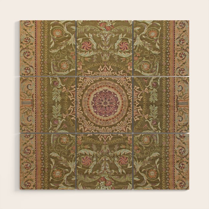 Antique French Art Nouveau Savonnerie Sage Green Blush Carpet Wood Wall Art Gallery Image 1