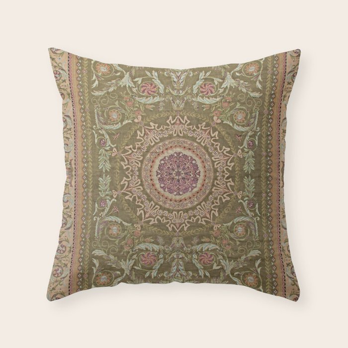 Antique French Art Nouveau Savonnerie Sage Green Blush Carpet Throw Pillow Gallery Image 6