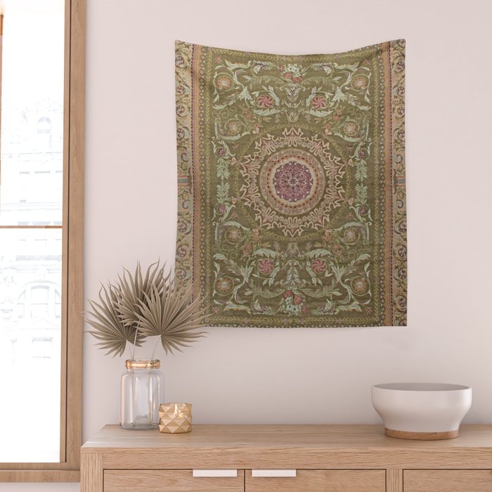 Antique French Art Nouveau Savonnerie Sage Green Blush Carpet Wall Tapestry Gallery Image 2