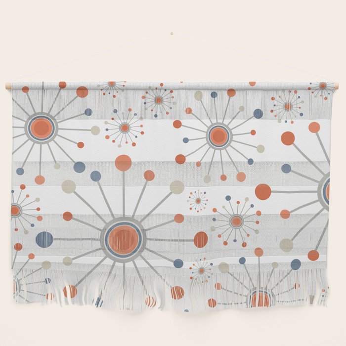 Retro Starburst Mid Century Modern Atomic Stars in Blue Orange Gray Beige Wall Hanging Gallery Image 1
