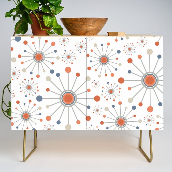 Retro Starburst Mid Century Modern Atomic Stars in Blue Orange Gray Beige Credenza Gallery Image 1