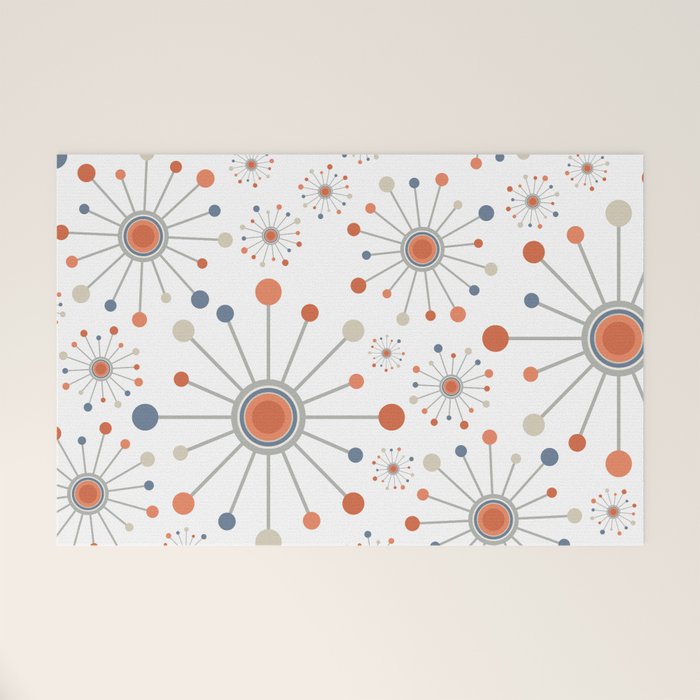 Retro Starburst Mid Century Modern Atomic Stars in Blue Orange Gray Beige Welcome Mat Gallery Image 1