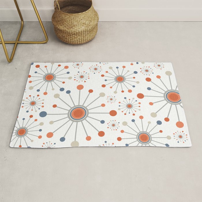 Retro Starburst Mid Century Modern Atomic Stars in Blue Orange Gray Beige Rug Gallery Image 1
