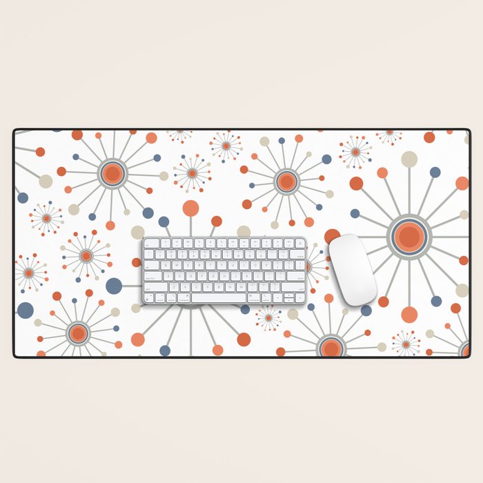 Retro Starburst Mid Century Modern Atomic Stars in Blue Orange Gray Beige Desk Mat Gallery Image 1