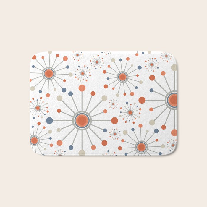 Retro Starburst Mid Century Modern Atomic Stars in Blue Orange Gray Beige Bath Mat Gallery Image 1