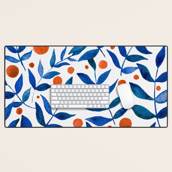 Watercolor berries and branches - blue and orange Desk Mat Gallery Image 1