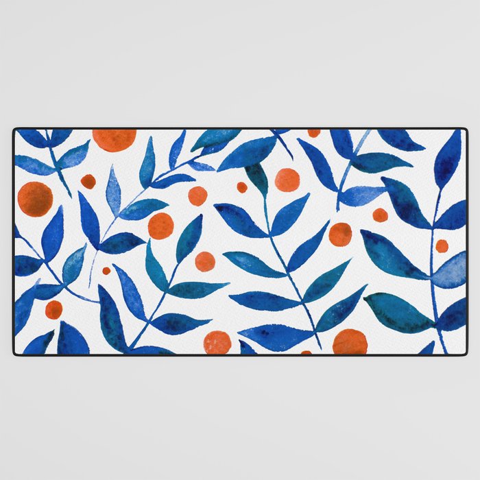 Watercolor berries and branches - blue and orange Desk Mat Gallery Image 3